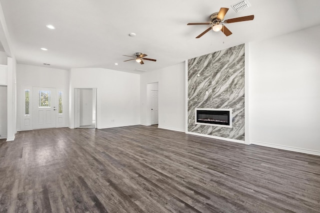 unfurnished living room with dark wood-type flooring, visible vents, a ceiling fan, and recessed lighting
