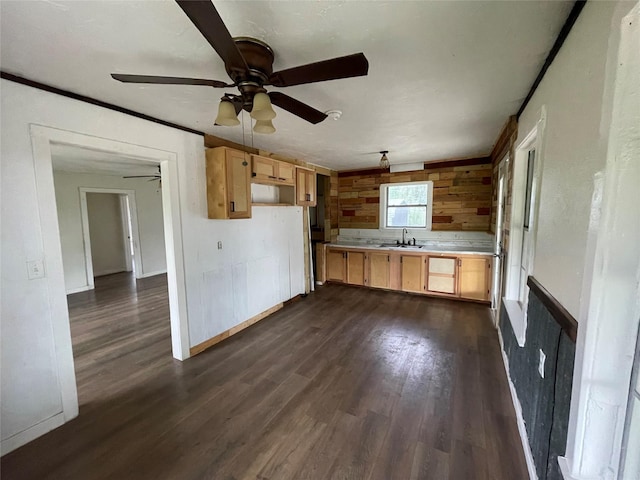 106 N 4th St, Celeste, TX 75423 - kitchen with light brown cabinets, dark wood-style floors, light countertops, ceiling fan, and a sink
