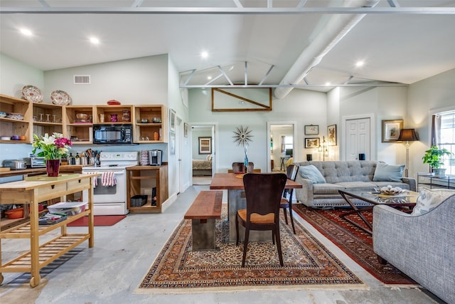 dining area with concrete floors, high vaulted ceiling, visible vents, and recessed lighting