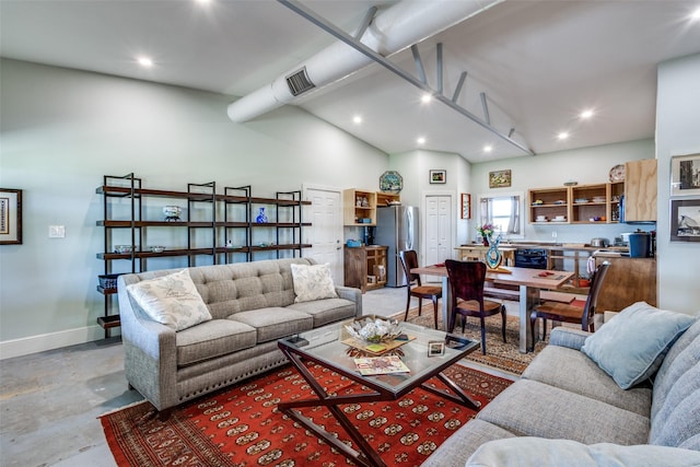 living room featuring recessed lighting, concrete flooring, baseboards, and visible vents