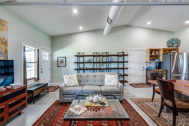 living room with baseboards, concrete floors, and recessed lighting