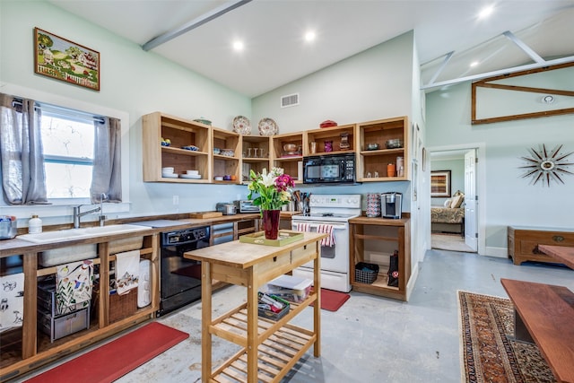 kitchen with high vaulted ceiling, visible vents, open shelves, concrete flooring, and black appliances