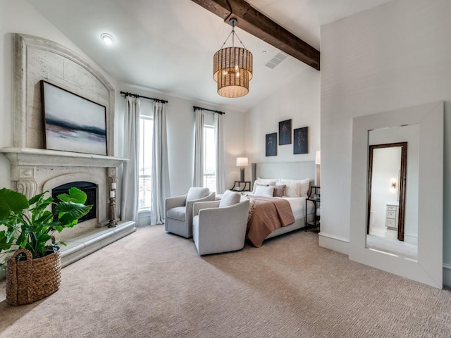 carpeted bedroom featuring a chandelier, visible vents, vaulted ceiling with beams, and a premium fireplace