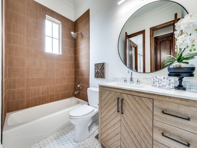 bathroom with vanity, toilet, ornamental molding, and bathtub / shower combination
