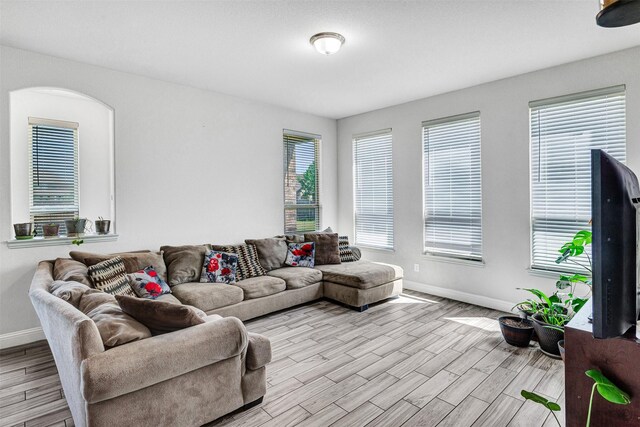living area featuring wood finished floors and baseboards