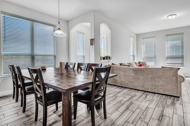 dining space with wood finish floors, arched walkways, a wealth of natural light, and baseboards