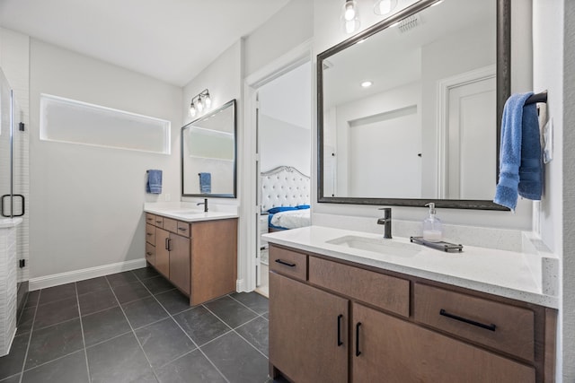 full bath with tile patterned floors, a sink, two vanities, and visible vents