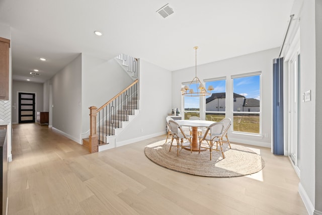 dining space with stairs, recessed lighting, a chandelier, visible vents, and light wood-style flooring