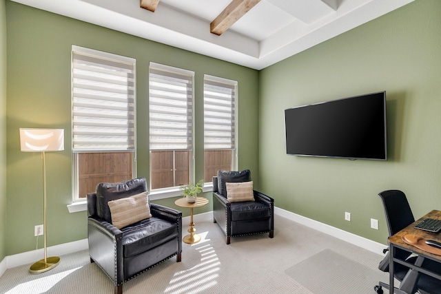1030 Lone Grove Ln, Prosper, TX 75078 - carpeted office featuring baseboards and beamed ceiling