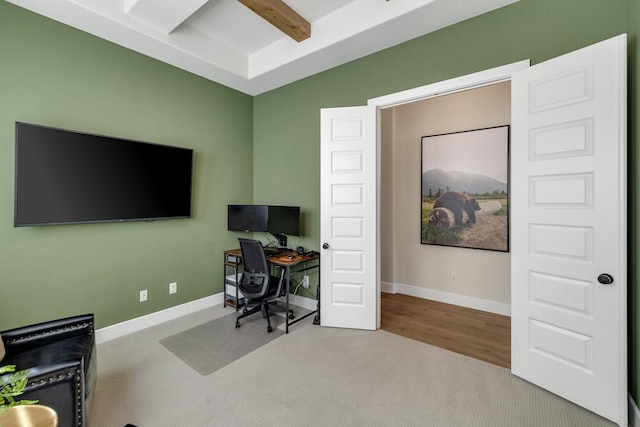 1030 Lone Grove Ln, Prosper, TX 75078 - office featuring baseboards, beamed ceiling, and carpet flooring