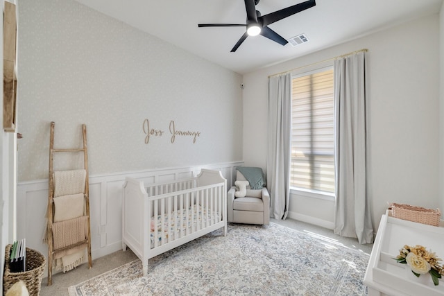 1030 Lone Grove Ln, Prosper, TX 75078 - carpeted bedroom featuring a nursery area, a ceiling fan, and visible vents