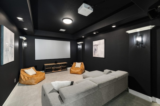 1030 Lone Grove Ln, Prosper, TX 75078 - cinema room with a tray ceiling, baseboards, carpet flooring, and recessed lighting