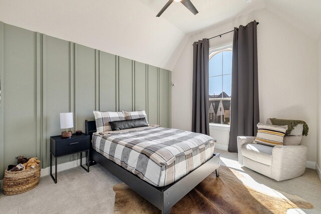 1030 Lone Grove Ln, Prosper, TX 75078 - bedroom with a ceiling fan, carpet, a decorative wall, and lofted ceiling