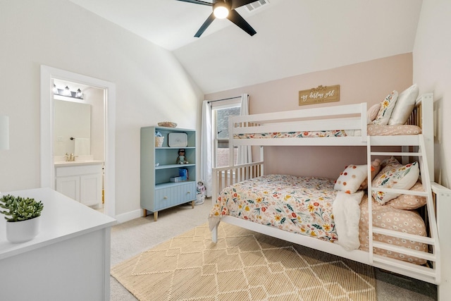 1030 Lone Grove Ln, Prosper, TX 75078 - carpeted bedroom with a ceiling fan, visible vents, baseboards, lofted ceiling, and ensuite bathroom