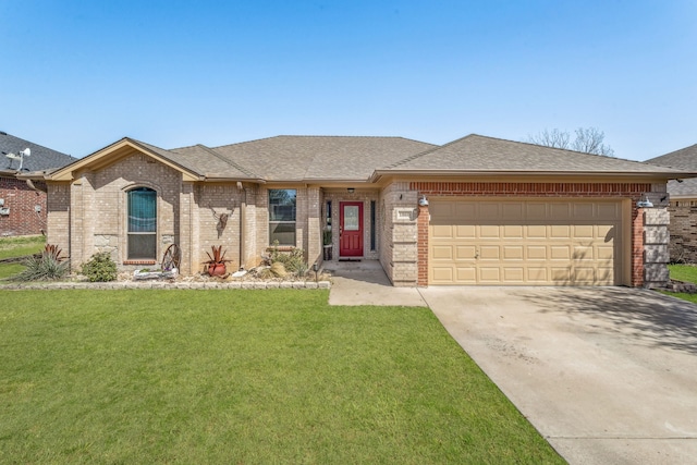 ranch-style home featuring brick siding, driveway, an attached garage, and a front lawn