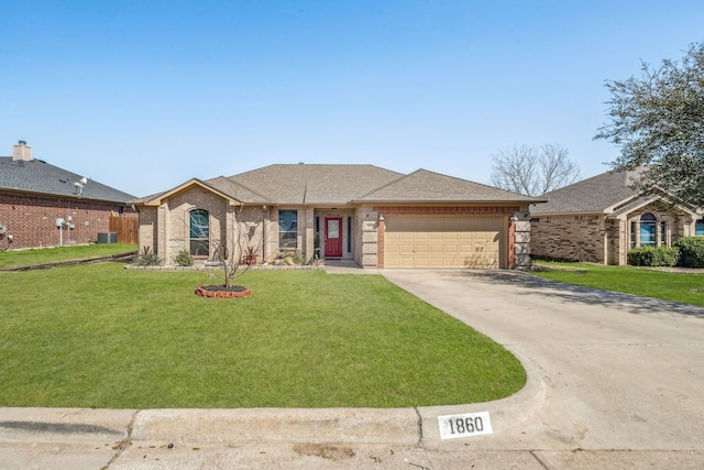 ranch-style home featuring a front yard, brick siding, an attached garage, driveway, and central AC unit