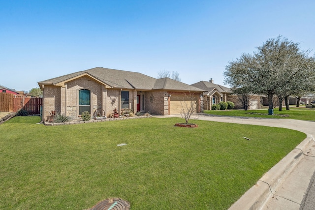 single story home featuring a garage, fence, concrete driveway, brick siding, and a front lawn
