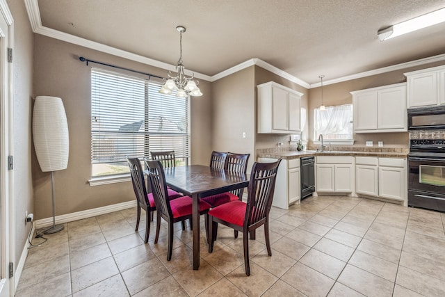 dining space with light tile patterned floors, baseboards, an inviting chandelier, and a healthy amount of sunlight