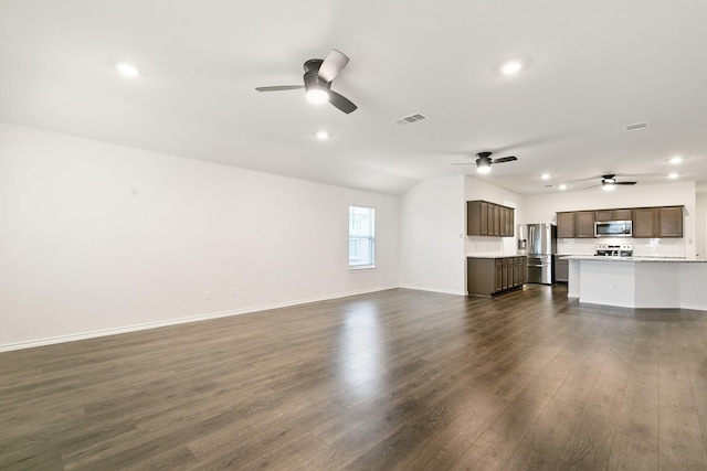 6237 Abby Dr, Celina, TX 76227 - unfurnished living room with recessed lighting, dark wood-style flooring, visible vents, and ceiling fan
