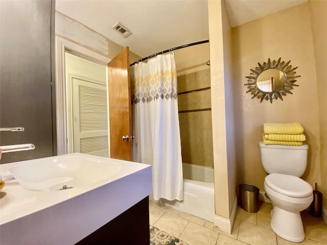 full bath with tile patterned floors, vanity, shower / bathtub combination with curtain, toilet, and visible vents