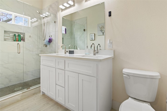 bathroom featuring a marble finish shower, a sink, and toilet