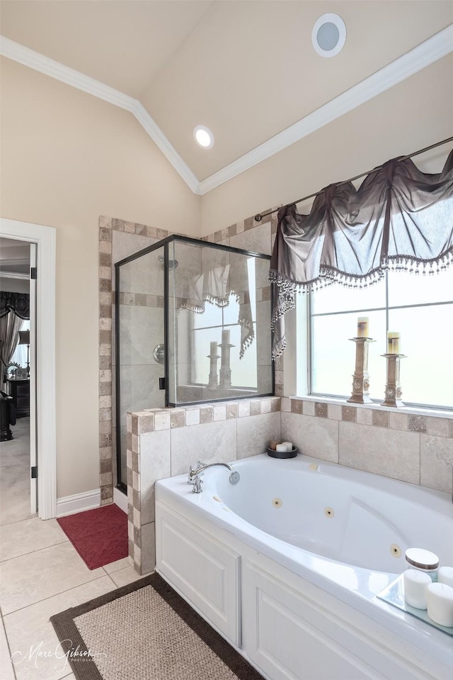 full bathroom with ornamental molding, tile patterned floors, a stall shower, a tub with jets, and lofted ceiling
