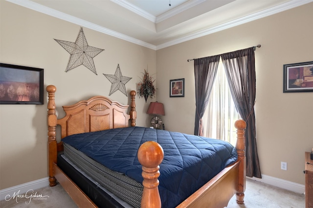 carpeted bedroom with crown molding, a tray ceiling, and baseboards