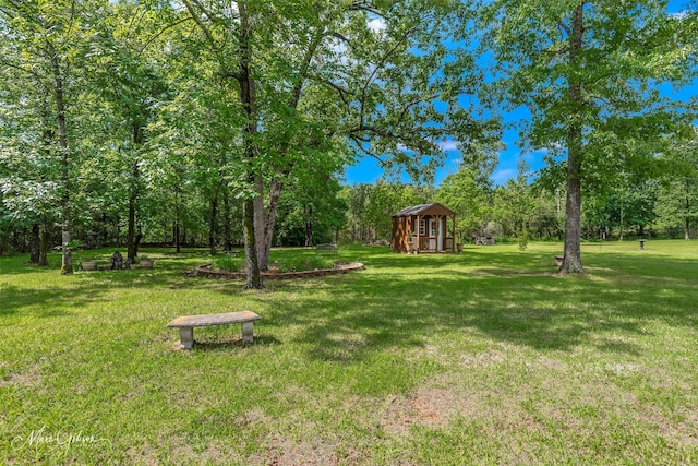 view of yard with an outdoor structure and a storage shed