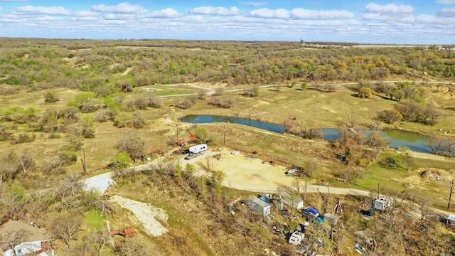 bird's eye view with a water view and a forest view