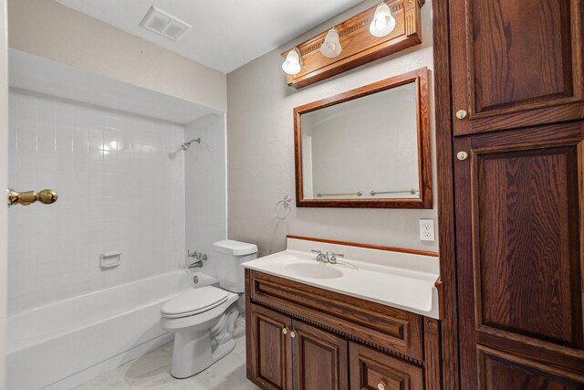 full bath featuring vanity, toilet, marble finish floor, shower / bathing tub combination, and visible vents