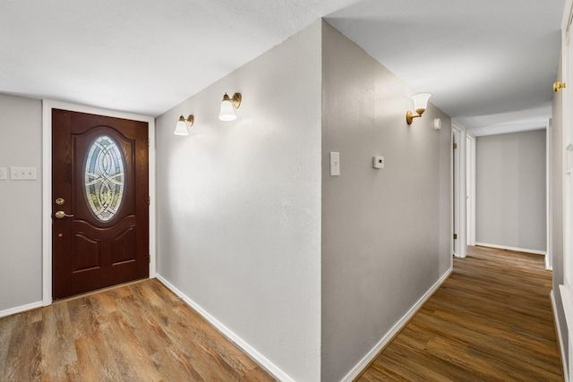 foyer entrance with baseboards and wood finished floors