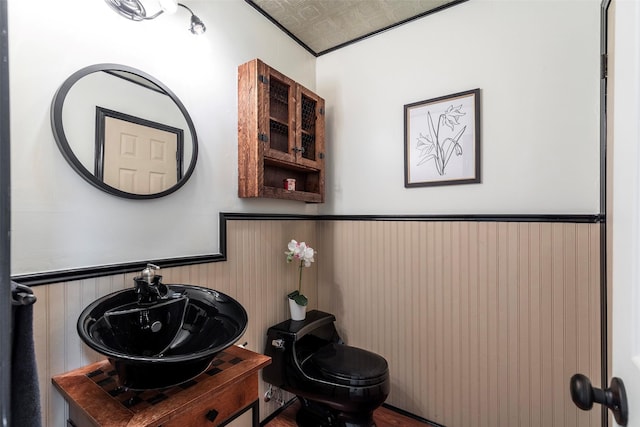 6814 Blackwood Dr, Dallas, TX 75231 - bathroom with toilet, wainscoting, and vanity