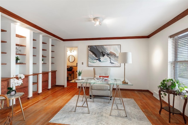6814 Blackwood Dr, Dallas, TX 75231 - office with light wood-style floors, baseboards, crown molding, and built in features