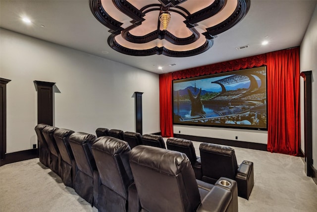 cinema with recessed lighting, visible vents, and light carpet