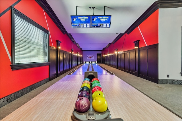 game room featuring crown molding, bowling, and carpet