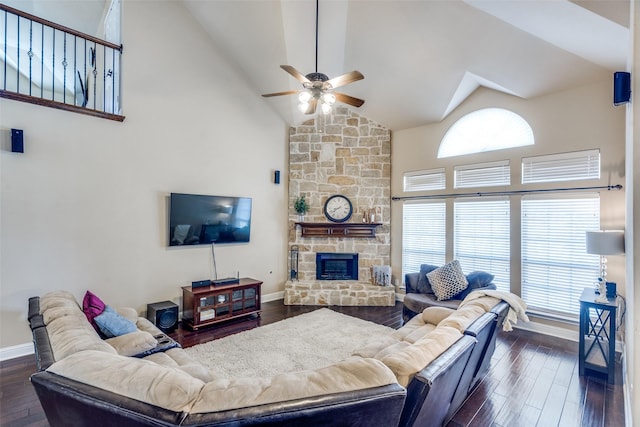 3533 Hutch Dr, Plano, TX 75074 - living area featuring baseboards, dark wood-style flooring, ceiling fan, and a fireplace