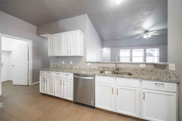 116 Birdbrook Dr, Anna, TX 75409 - kitchen featuring light stone counters, a sink, a ceiling fan, stainless steel dishwasher, and white cabinets
