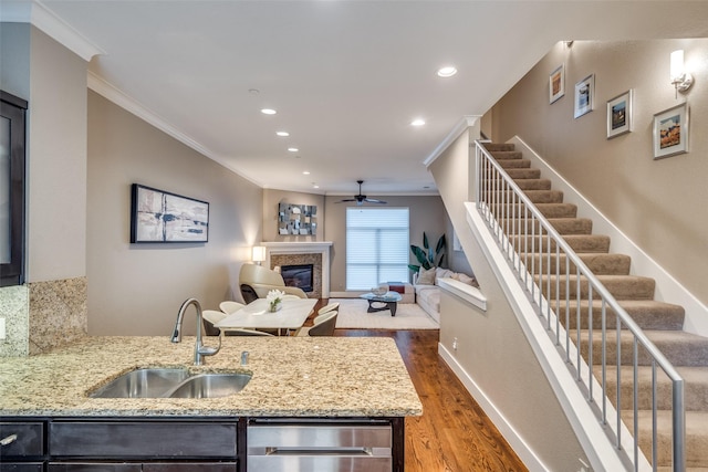 kitchen with crown molding, wood finished floors, ceiling fan, and a sink