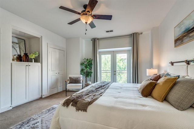 bedroom featuring ceiling fan, carpet floors, french doors, access to outside, and visible vents