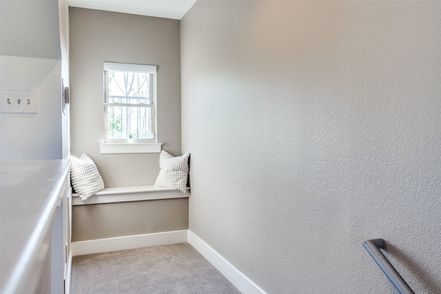 sitting room with baseboards and carpet floors