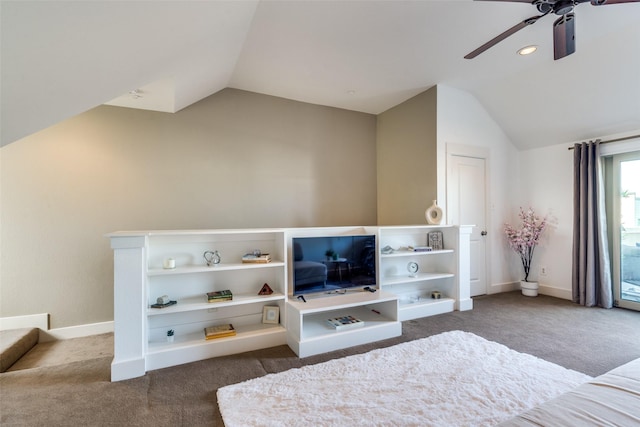 3204 Wycliff Ave Unit 3214, Dallas, TX 75219 - bedroom with vaulted ceiling, carpet flooring, baseboards, ceiling fan, and recessed lighting