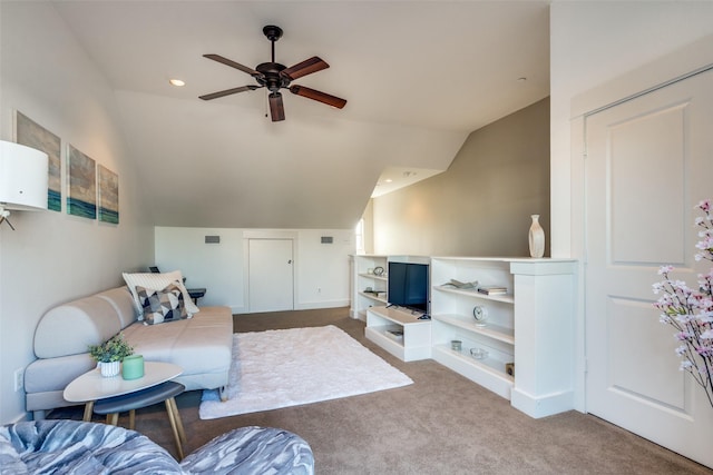 3204 Wycliff Ave Unit 3214, Dallas, TX 75219 - carpeted living room with vaulted ceiling, ceiling fan, and recessed lighting