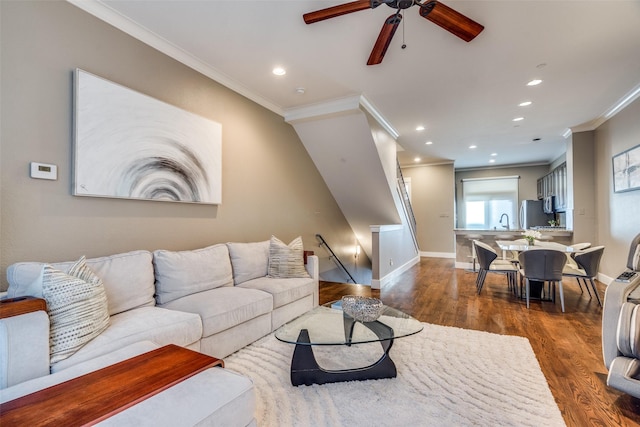 3204 Wycliff Ave Unit 3214, Dallas, TX 75219 - living room featuring ornamental molding, wood finished floors, a ceiling fan, baseboards, and recessed lighting