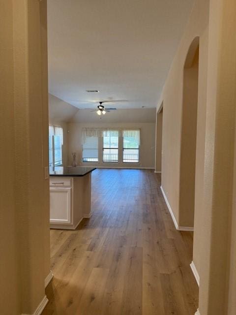 2704 Prescotte Pointe, Mckinney, TX 75071 - hallway featuring light wood-style floors, baseboards, arched walkways, and vaulted ceiling