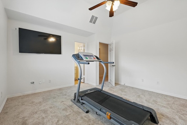workout area with carpet, ceiling fan, baseboards, and a towering ceiling