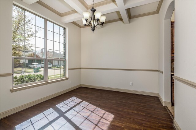 681 Harper Dr, Fate, TX 75087 - unfurnished room with a chandelier, wood finished floors, beamed ceiling, coffered ceiling, and arched walkways