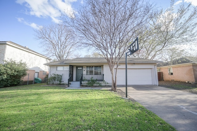 ranch-style house featuring an attached garage, brick siding, a front lawn, and concrete driveway