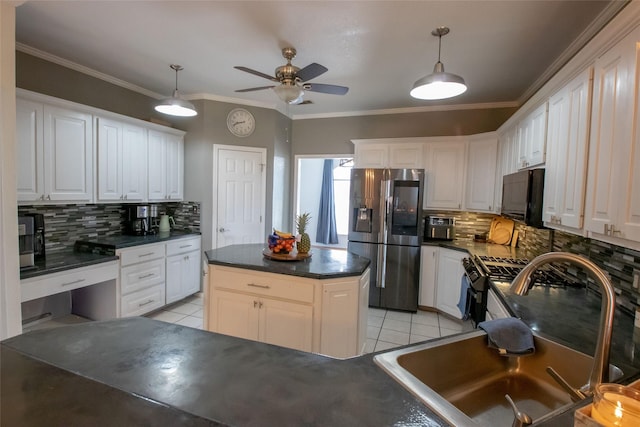 514 Preston Dr, Pottsboro, TX 75076 - kitchen with white cabinets, stainless steel appliances, dark countertops, a ceiling fan, and light tile patterned floors