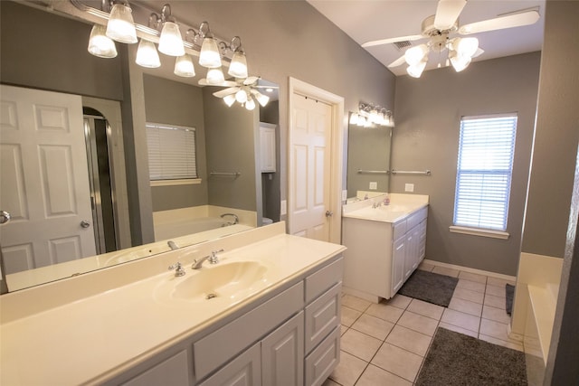 514 Preston Dr, Pottsboro, TX 75076 - bathroom featuring tile patterned floors, a sink, two vanities, and ceiling fan