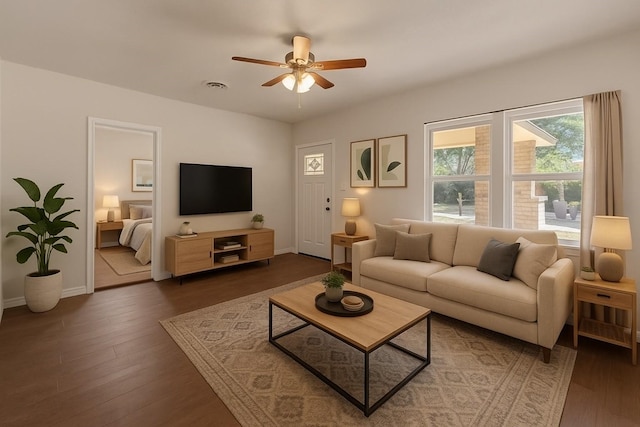 4601 Virginia Ln, Fort Worth, TX 76103 - living room featuring ceiling fan, wood finished floors, and baseboards